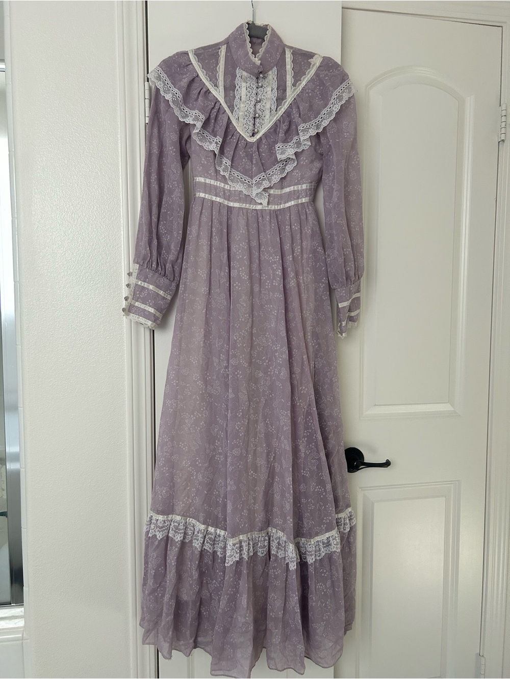 Gunne Sax Lavender Maxi Dress with White Lace Trim
